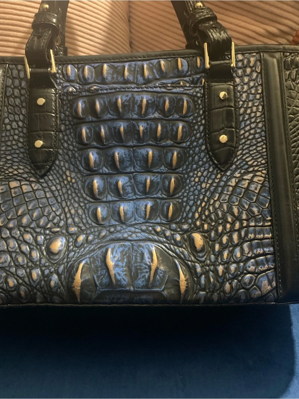 Brahmin Black and Blue Croc-Embossed Asher Satchel with Tassel (Lazuli Crowe)